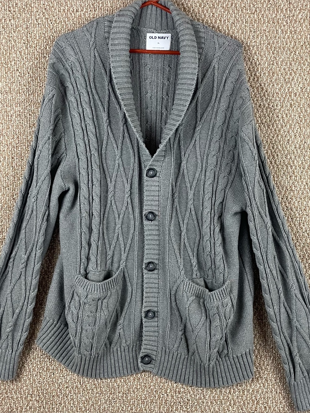 Old Navy Cardigan Sweater Mens XL Fisherman Gray Chunky Cable Knit Grandpa R3